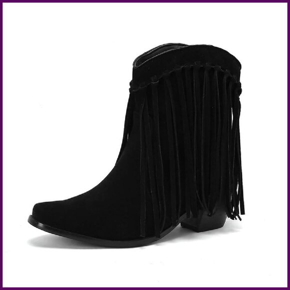 Shoes - Suede Fringe Ankle Cowboy Boots Chunky Block Heel Western Booties